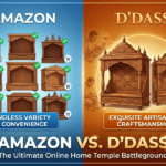 A beautiful, handcrafted wooden home temple from D'DASS, adorned with intricate carvings and spiritual artifacts, sits serenely on a decorated shelf, while a traditional oil lamp flickers softly