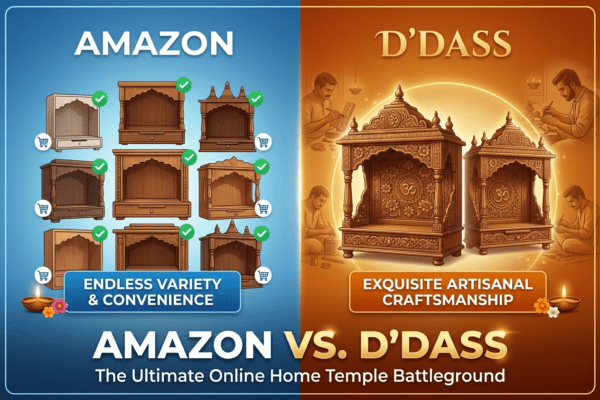 A beautiful, handcrafted wooden home temple from D'DASS, adorned with intricate carvings and spiritual artifacts, sits serenely on a decorated shelf, while a traditional oil lamp flickers softly