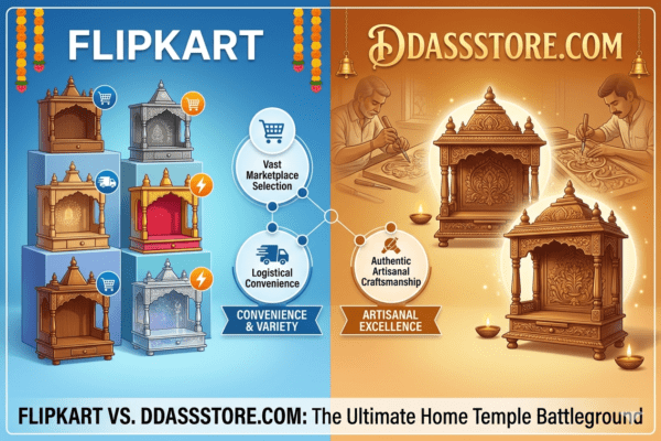 Flipkart vs DDASSSTORE.COM comparison for wooden temples.