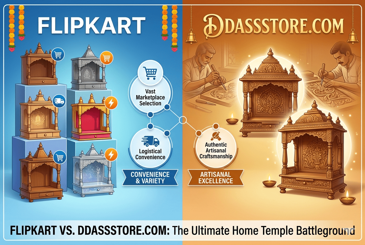 Flipkart vs DDASSSTORE.COM comparison for wooden temples.