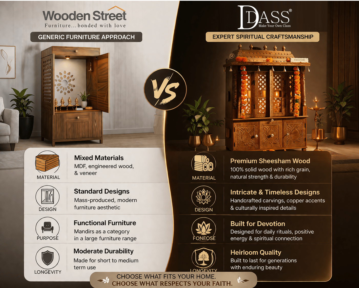 Best wooden temple for home comparison India – D'DASS handcrafted Sheesham mandir vs Wooden Street modern pooja unit