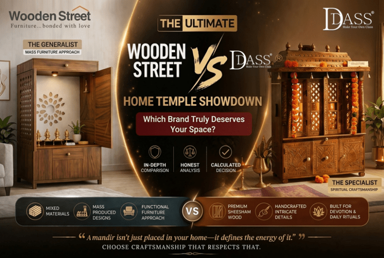 D'DASS vs Wooden Street home temple comparison showcasing premium handcrafted wooden pooja mandir and modern furniture mandir design