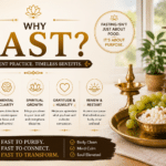 Traditional Hindu fasting scene with brass thali fruits diya and wooden home temple