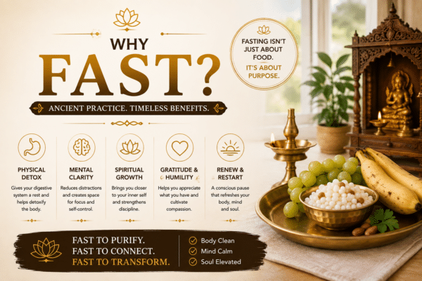 Traditional Hindu fasting scene with brass thali fruits diya and wooden home temple